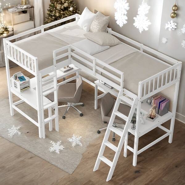 slide 2 of 18, Twin Size L-Shaped Loft Bed With Ladder And 2 Built-in L-Shaped Desks White