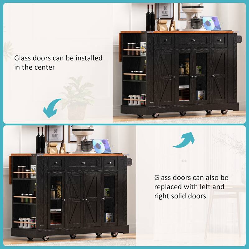 53" Farmhouse Kitchen Island with Drop Leaf & Power Outlet, Rolling Kitchen Cart with Glass Doors, 5 Side Racks & 3 Drawers