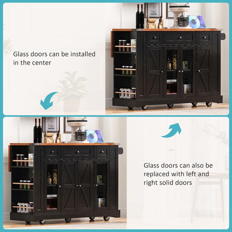 53'' Kitchen Island with Two Tempered Glass Cabinet Doors, Rolling Kitchen Cart on Wheels with Drop Leaf, Power Outlet
