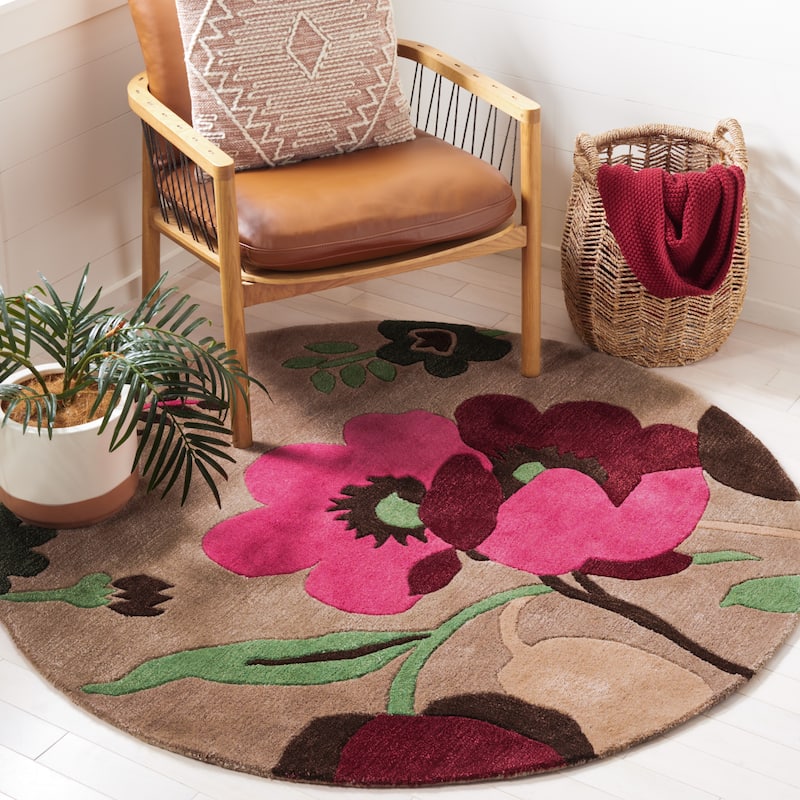 SAFAVIEH Handmade Bella Nahide Modern Floral Wool Rug - 5' Round - Sand/Multi