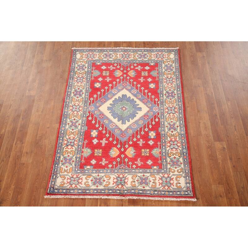 Geometric Kazak Rug Hand-Knotted Traditional Foyer Wool Carpet - 3'4"x 4'10"
