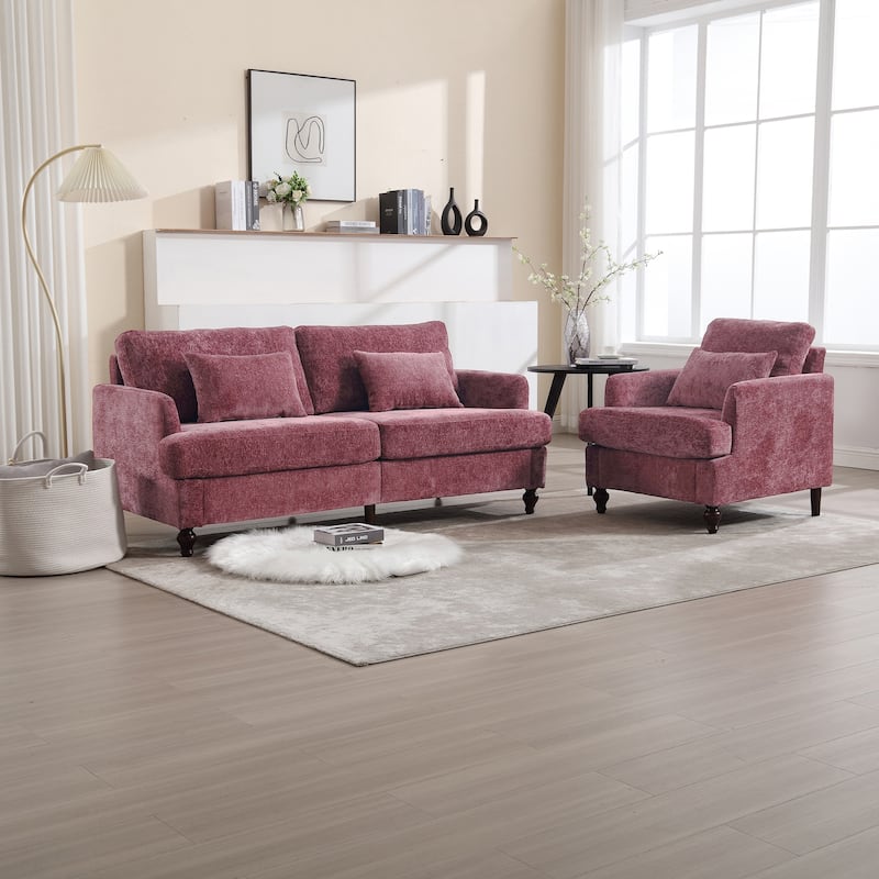 Chenille Fabric Accent Chair, Tufted Upholstered Living Room Chair, Lounge Armchair with Solid Wood Frame & Pillows