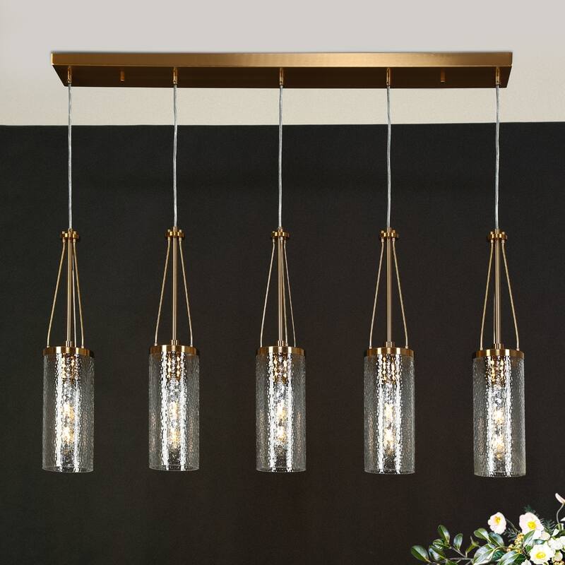 Modern 5-Light Gold Cylinder Glass Chandelier Linear Island Lights for Dining Room - L41.3" x H82.2" Max