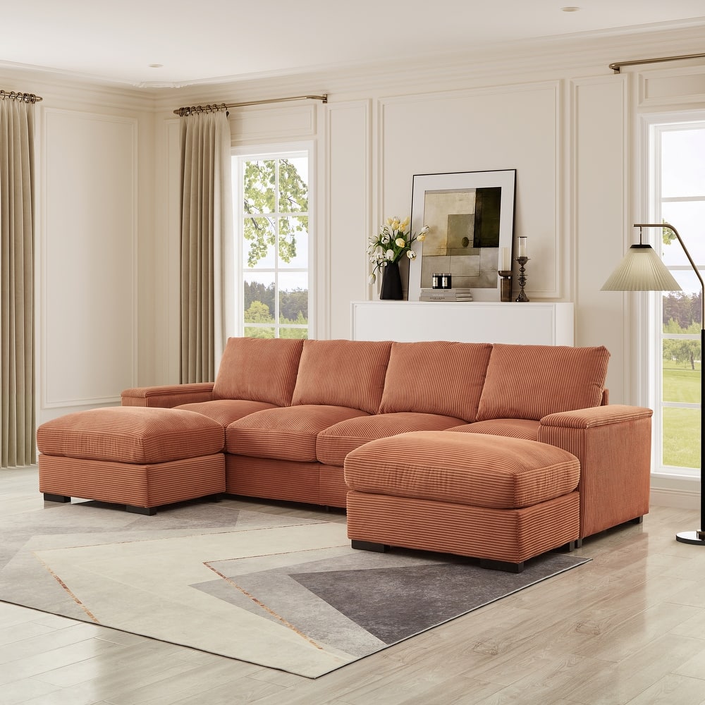 4-Deep Seat Corduroy Sectional Sofa Couch with 2 Ottomans