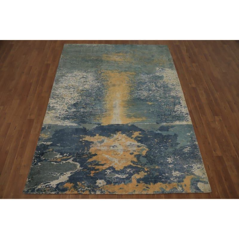 Hand Knotted Oriental Viscose Silk Carpet Modern Pictorial Multi-Colored Abstract Area Rug - 7' 8'' X 5' 6''