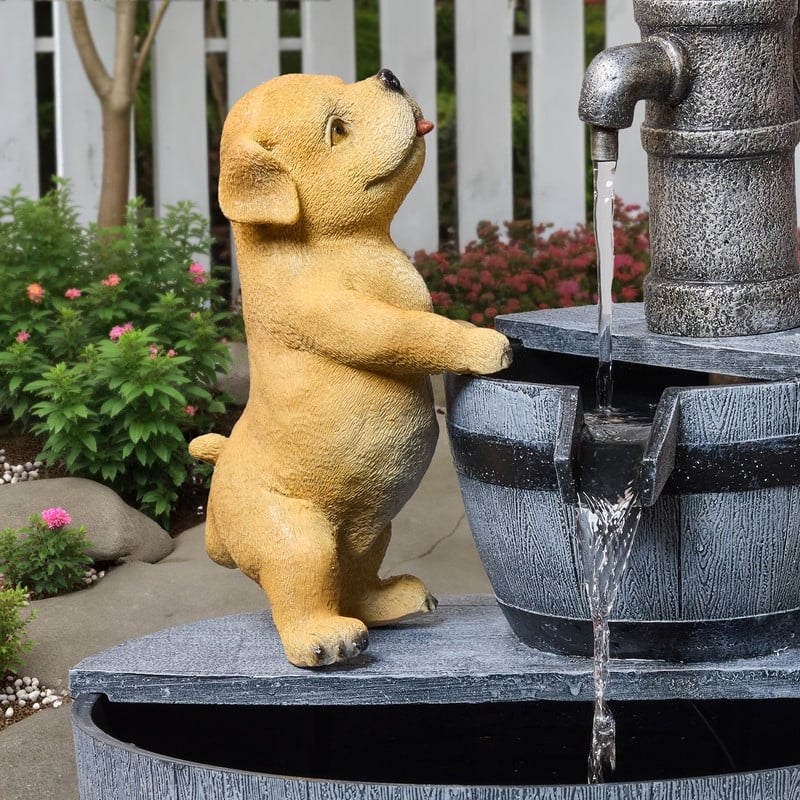 Outdoor Garden Fountain with LED – Farmhouse-Style Puppy & Faucet Design