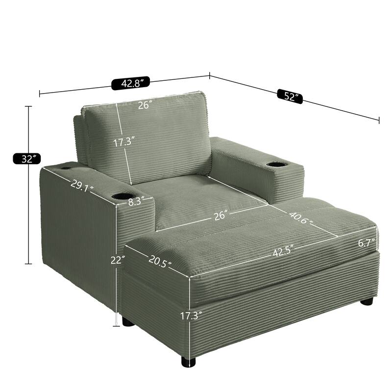 42.8" Oversized Chaise Lounge Chair with Storage Ottoman, Corduroy Sofa Bed with Cup Holders & USB Charging Port