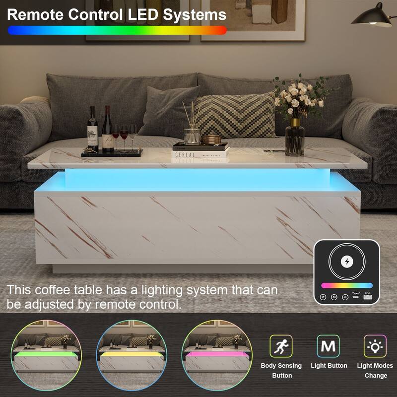 Smart LED Coffee Table 47.2" with Bluetooth Speaker & Wireless Charging, Modern White Marble Center Table