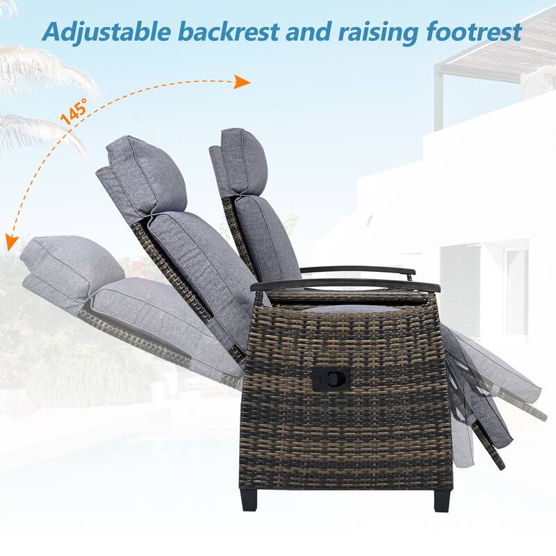 Outdoor Patio Recliner Loveseat Chair with Adjustable Backrest, All Weather 2 Seater PE Wicker Lounge Chair with Storage Box