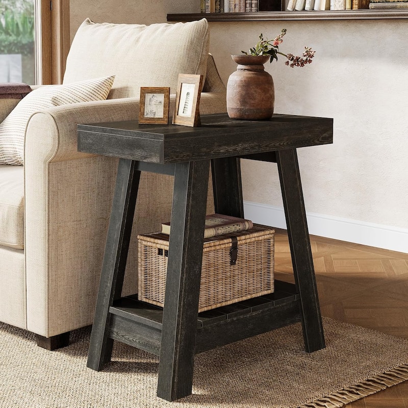 2-Tier Wooden End Table for Living Room, Bedroom, Small Spaces, Rustic Grey - Black - 1pc