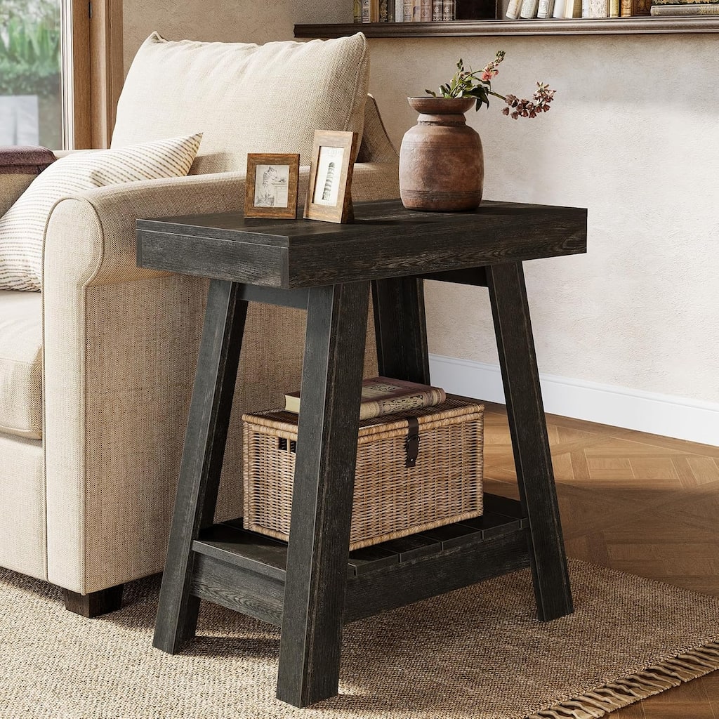 2-Tier Wooden End Table for Living Room, Bedroom, Small Spaces, Rustic Grey