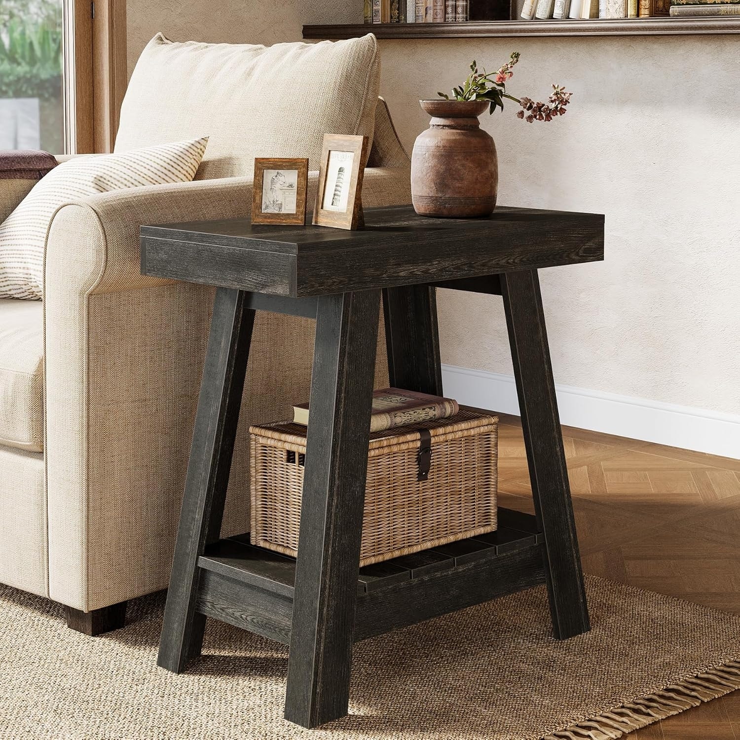 2-Tier Wooden End Table for Living Room, Bedroom, Small Spaces, Rustic Grey