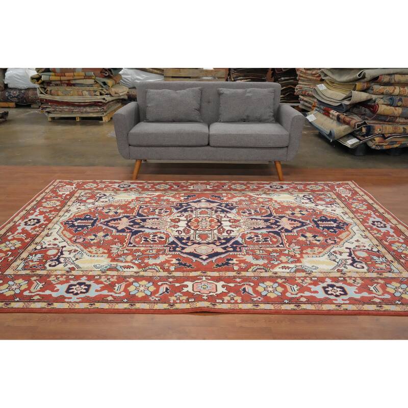 Hand Knotted Oriental 100% Wool Carpet Traditional Medallion Oranges & Rust Heriz (serapi) Area Rug - 9' 0'' X 6' 0''
