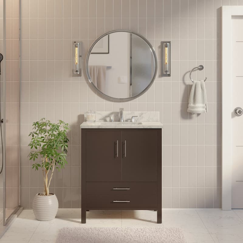 KitchenBathCollection California 30" Bathroom Vanity with Carrara Marble Top - Chocolate