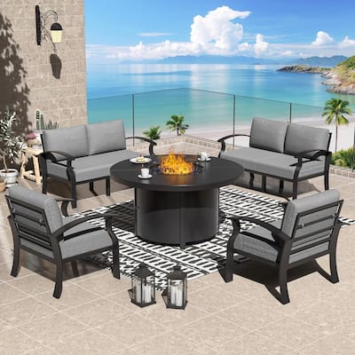 Patio Aluminum Sofa with Armrests, Outdoor Conversation Set with Round Fire Pit Table 5inch Thick Seat Cushions