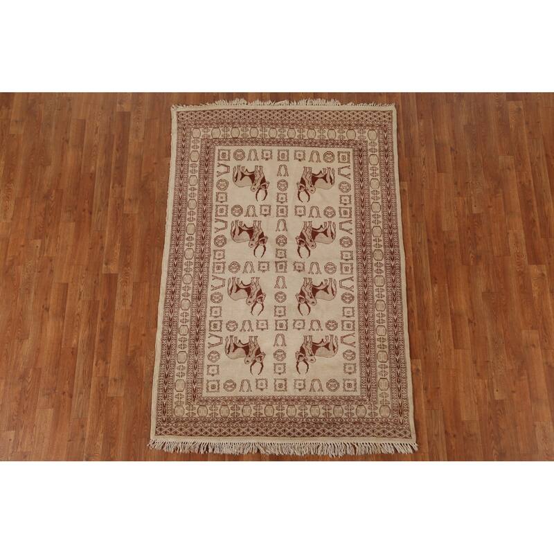 Hand Knotted Oriental 100% Wool Carpet Traditional Animal Pictorial Beige & Ivories Bokhara Area Rug - 6' 3'' X 4' 2''
