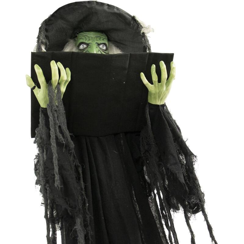 Haunted Hill Farm Life-Size Poseable Witch with Spell Book, Lights and Sound, Indoor/Covered Outdoor Halloween Decoration