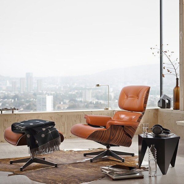 Mid Century Genuine Leather Lounge Chair with Ottoman - On Mid Century Genuine Leather Lounge Chair with Ottoman - On
