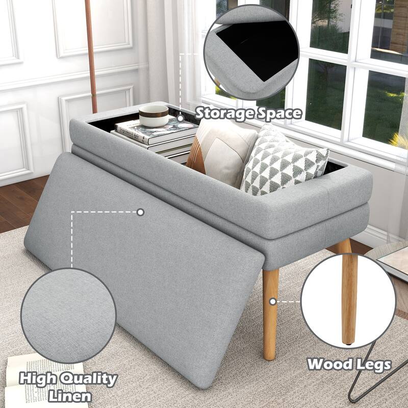 Upholstered Storage Ottoman Bench with Wood Legs