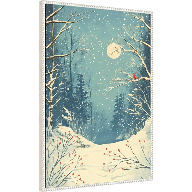 Red Bird in Snowy Forest by Pictufy Studio Framed Canvas Wall Art Print - Sylvie Beaded White