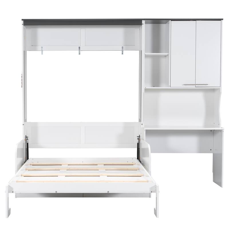 Space-Saving Multi-Functional Murphy Bed with Sofa, Desk, and Storage Cabinet - Foldable Full Size Design