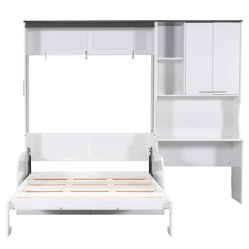 Space-saving Foldable Bed Design Murphy Bed Foldable Platform Bed with Sofa, All-in-one Storage Bookcase Cabinet and Desk