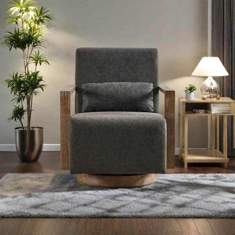 PU Leather Swivel Arm Chairs with Solid Wood Armrests - Gray