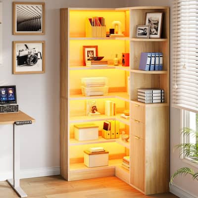 Moasis Modern 6-Tier Corner Bookshelf, 70.9 Inch Industrial Bookcase with Drawers
