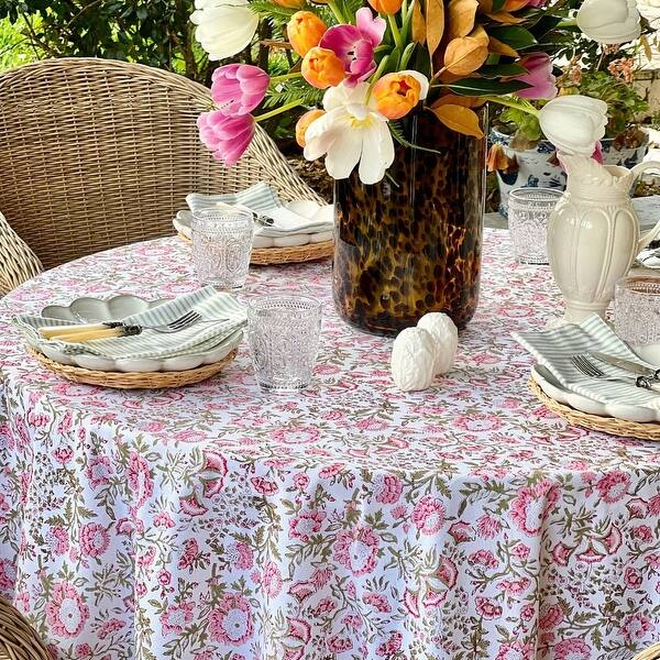 slide 2 of 5, Beatrice pink and green round tablecloth 60" Round