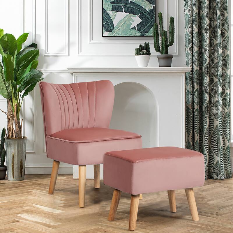 Costway Leisure Chair and Ottoman Thick Padded Velvet Tufted Sofa Set