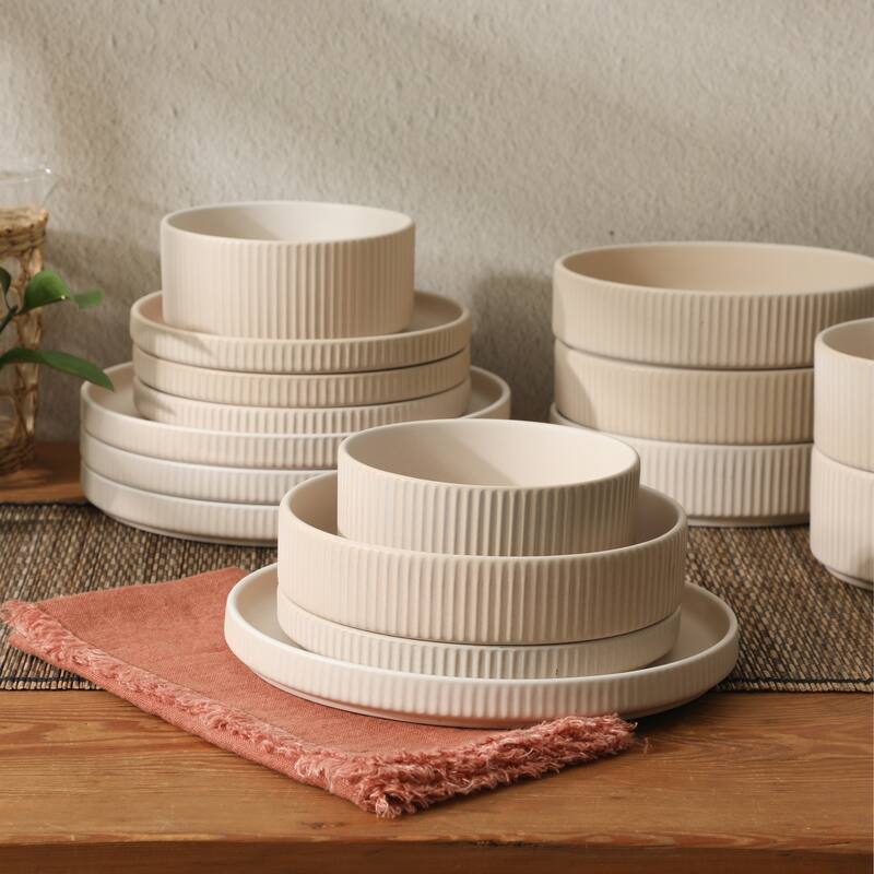 Gibson Elite Deerfield 16-Piece Stoneware Dinnerware Set - Stackable Plates and Bowls, Reactive Glaze Finish, Service for 4