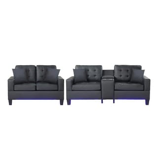 Genesis Black PVC Fabric Sofa Loveseat Living Room Set with LED Lights, USB Charger, Storage Console, Cupholder, Tufted Cushions