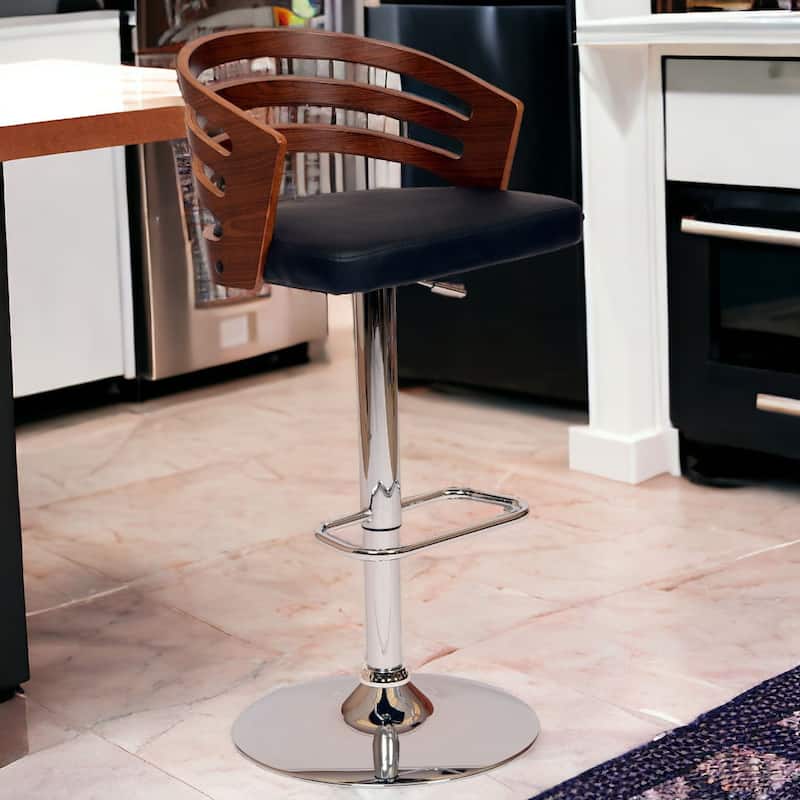 25" Adjustable Swivel Bar Stool with Chrome Base and Black Faux Leather Seat Low Back for Kitchen Island - 44"H x 19"W x 19"D