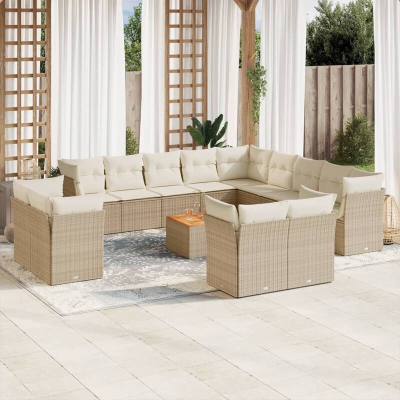 vidaXL Patio Sofa Set with Cushions Outdoor Furniture 14 Piece Poly Rattan - 24.4 x 24.4 x 27.2 - Beige and Cream