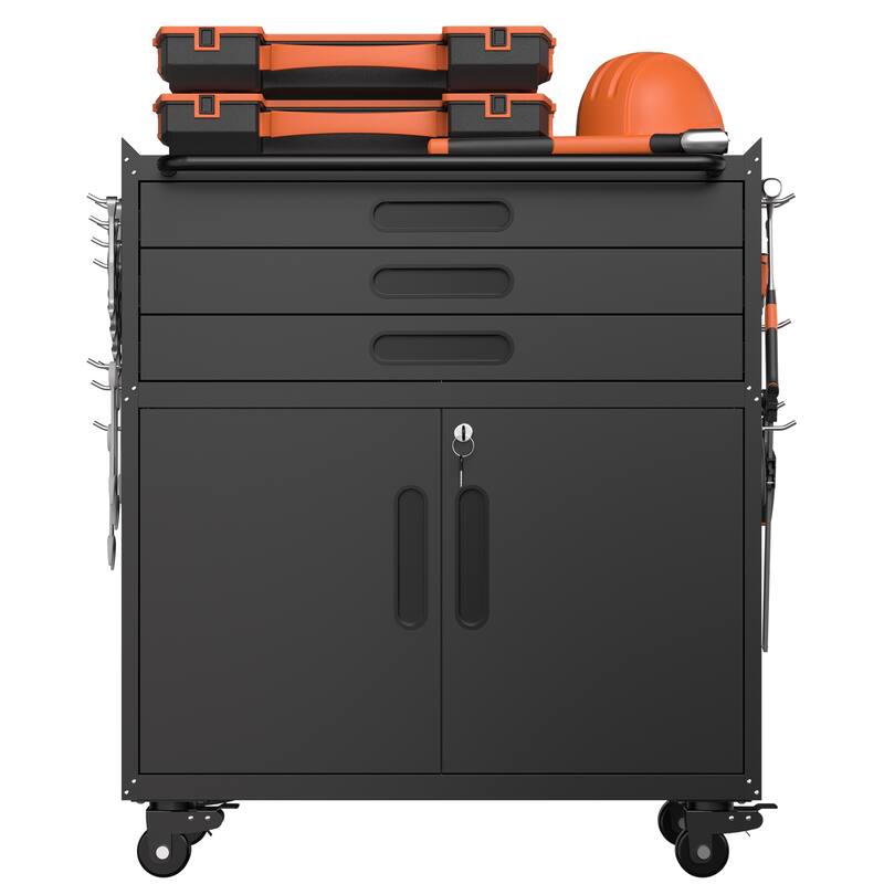 34.3" Rolling Metal Tool Cabinet, Heavy Duty Garage Storage with Lockable Doors & 3 Drawers, Mobile Workbench Organizer