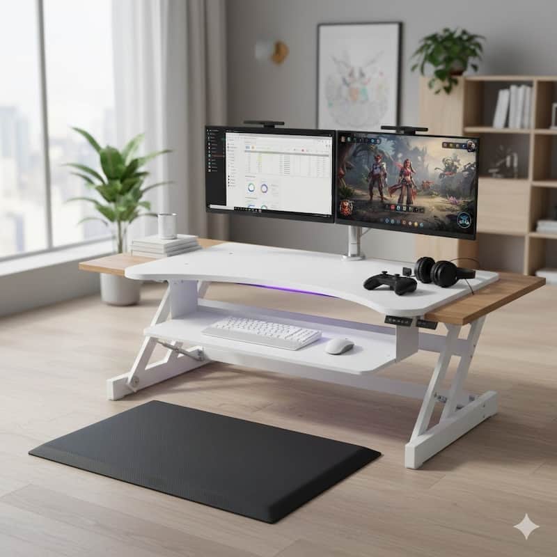 Rocelco 37.5 in. W White Deluxe Height Adjustable Standing Desk Converter with Anti Fatigue Mat and Deep Keyboard Tray
