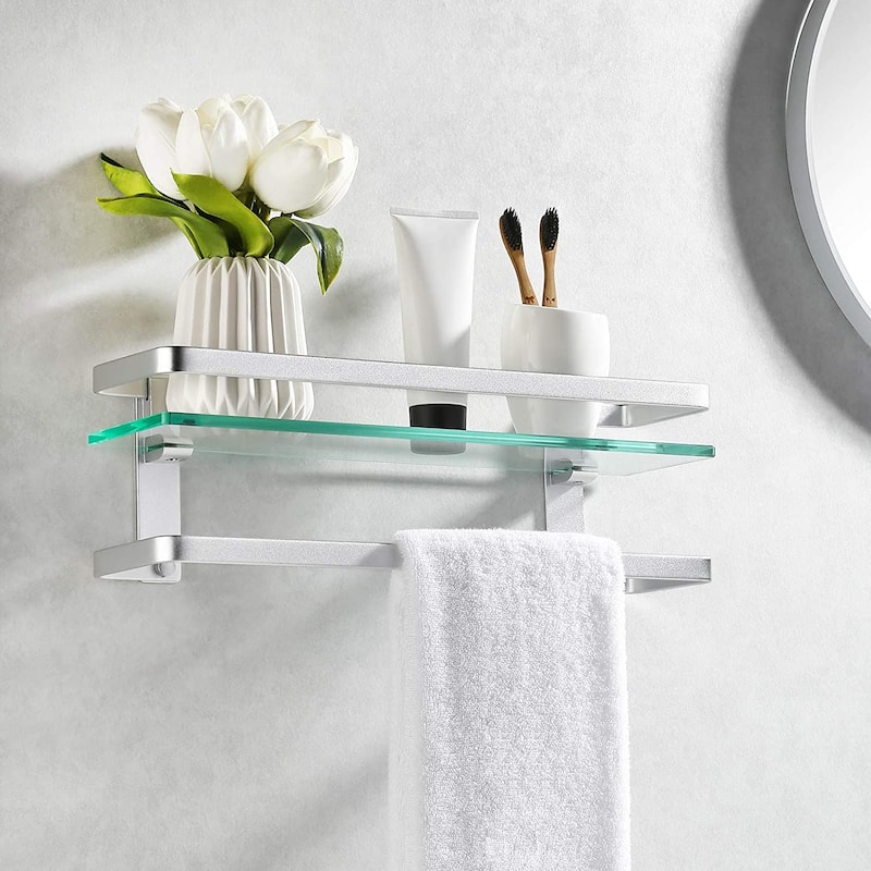 Wall Mount Glass Floating Shelf With Towel Bar