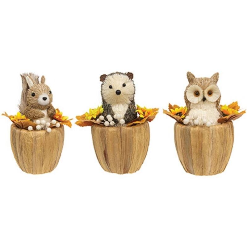 Fall Woodland Animal Sitters Rustic Autumn Decor Squirrel Raccoon Owl Nest Figurines 3 Asstd. - 6.75” high by 4” in diameter