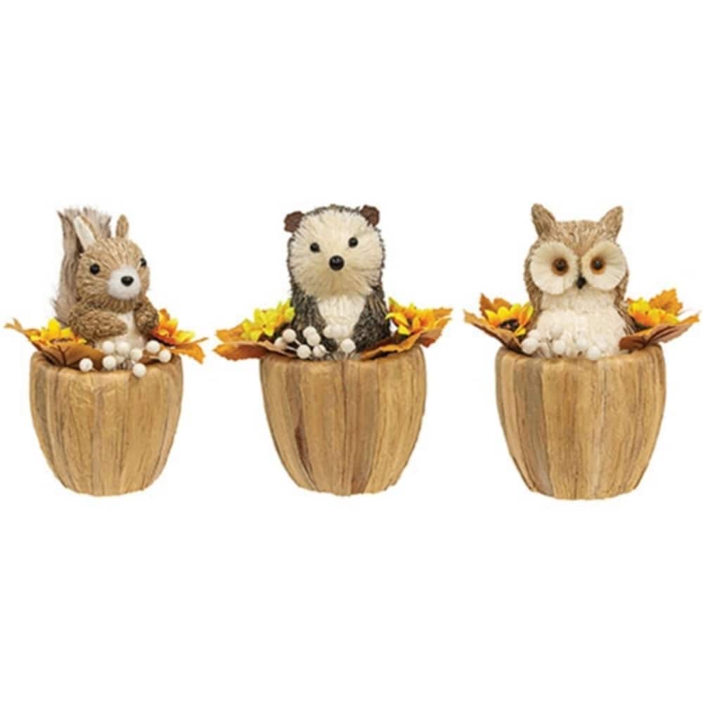 Fall Woodland Animal Sitters Rustic Autumn Decor Squirrel Raccoon Owl Nest Figurines 3 Asstd. - 6.75” high by 4” in diameter
