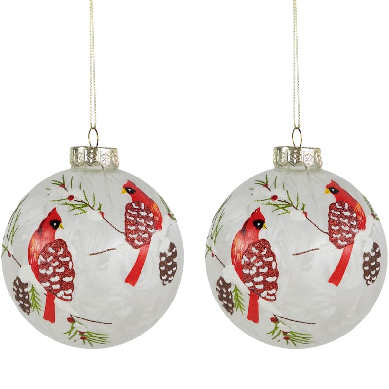 Set of 2 Clear Red Cardinal Birds Christmas Glass Ball Ornaments 4"