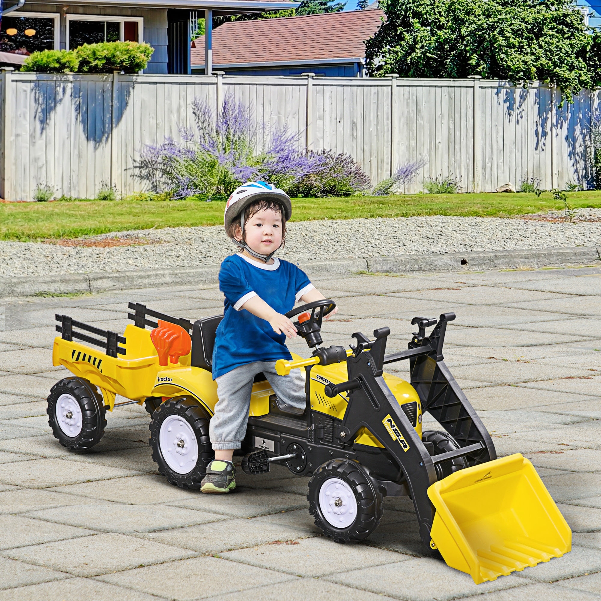 Aosom Kids Ride-On Excavator, Pedal Car Bulldozer, Move Forward/Back with Real Working Dirt Bucket, 6 Wheels, & Cargo Trailer