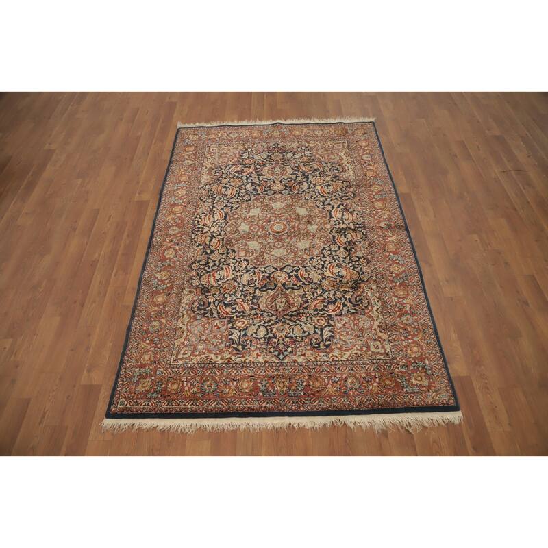 Hand Knotted Oriental 100% Silk Carpet Traditional Floral Navy Blue & Blues Hereke Area Rug - 6' 0'' X 4' 0''