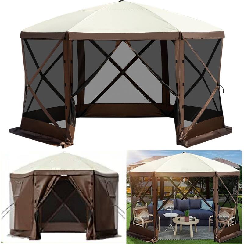 6 Sided Pop-Up Camping Gazebo Screen Tent with Mesh Windows and Portable Carry Bag