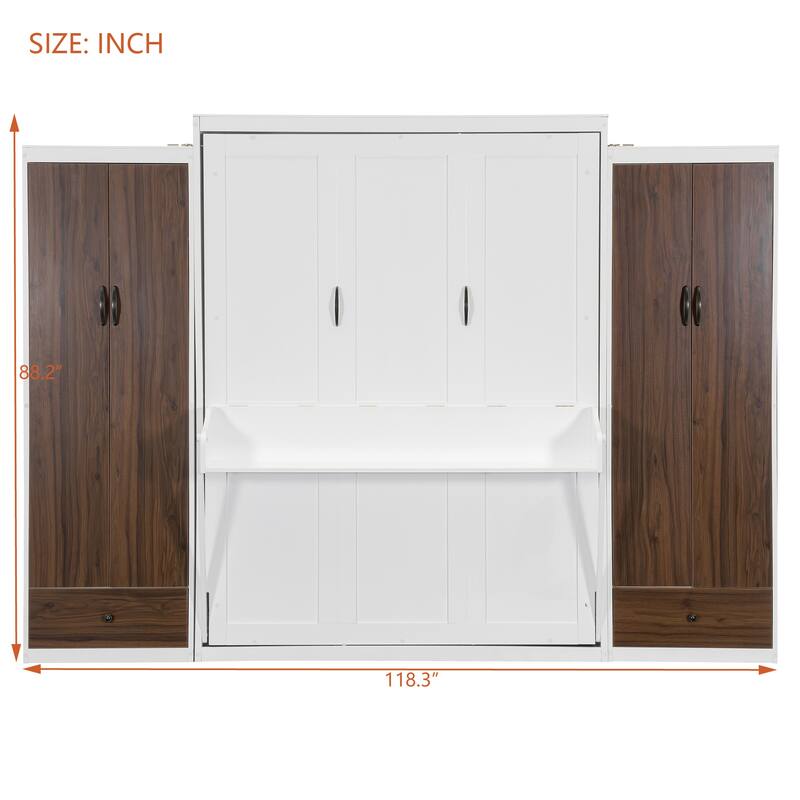 Full/Queen Murphy Wall Bed with Wardrobes, Drawers & Desk, Foldable White Bed with Storage and LED Light