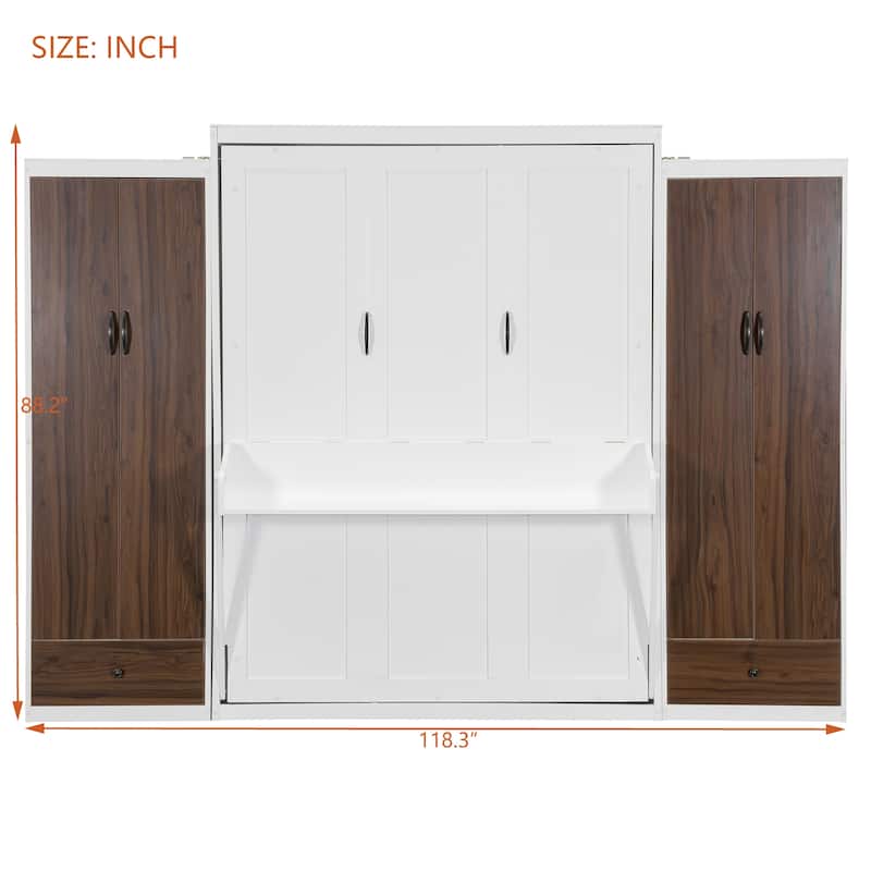 Queen Size Foldable Wall Bed with Built-In Desk, Closet, and Drawers in White