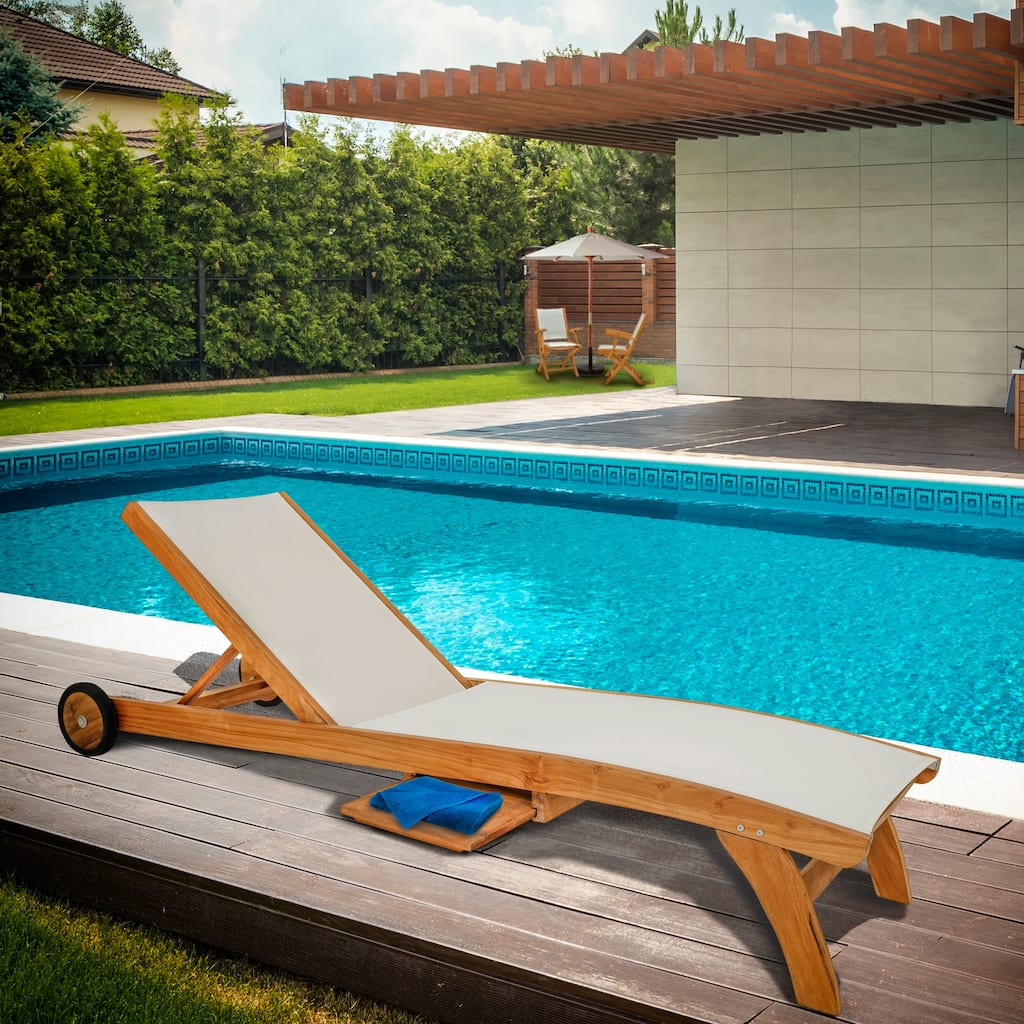 Chic Teak Bahama Teak Wood Pool Lounger With Batyline Mesh, White