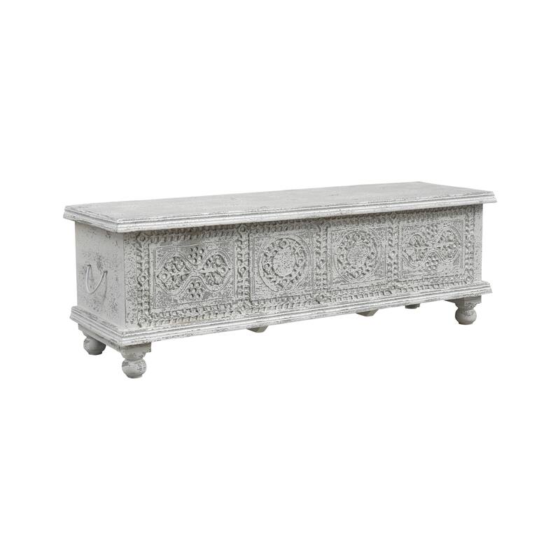 HomeRoots 54" White Solid Wood Medallion Storage Ottoman