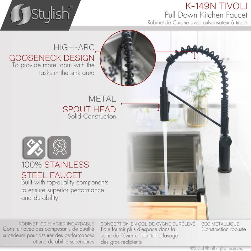 STYLISH Stainless Steel Single Handle Pull Down Sprayer Kitchen Faucet - Faucet Height: 16 3/4" | Spout Height: 7 1/2"
