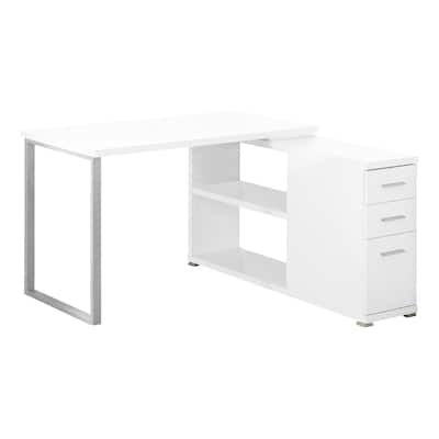 Computer Desk, Home Office, Corner, Left, Right Set-up, Storage Drawers, L Shape, Work, Laptop, White Laminate, Grey Metal