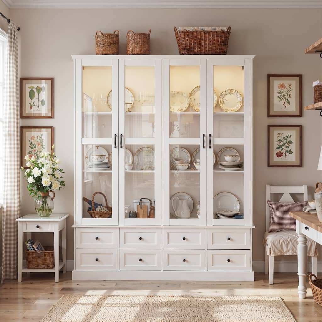 63" Lighted Glass Display Cabinet Curio Cabinet with Bluetooth LED Lights, White China Cabinet Storage for Living Room